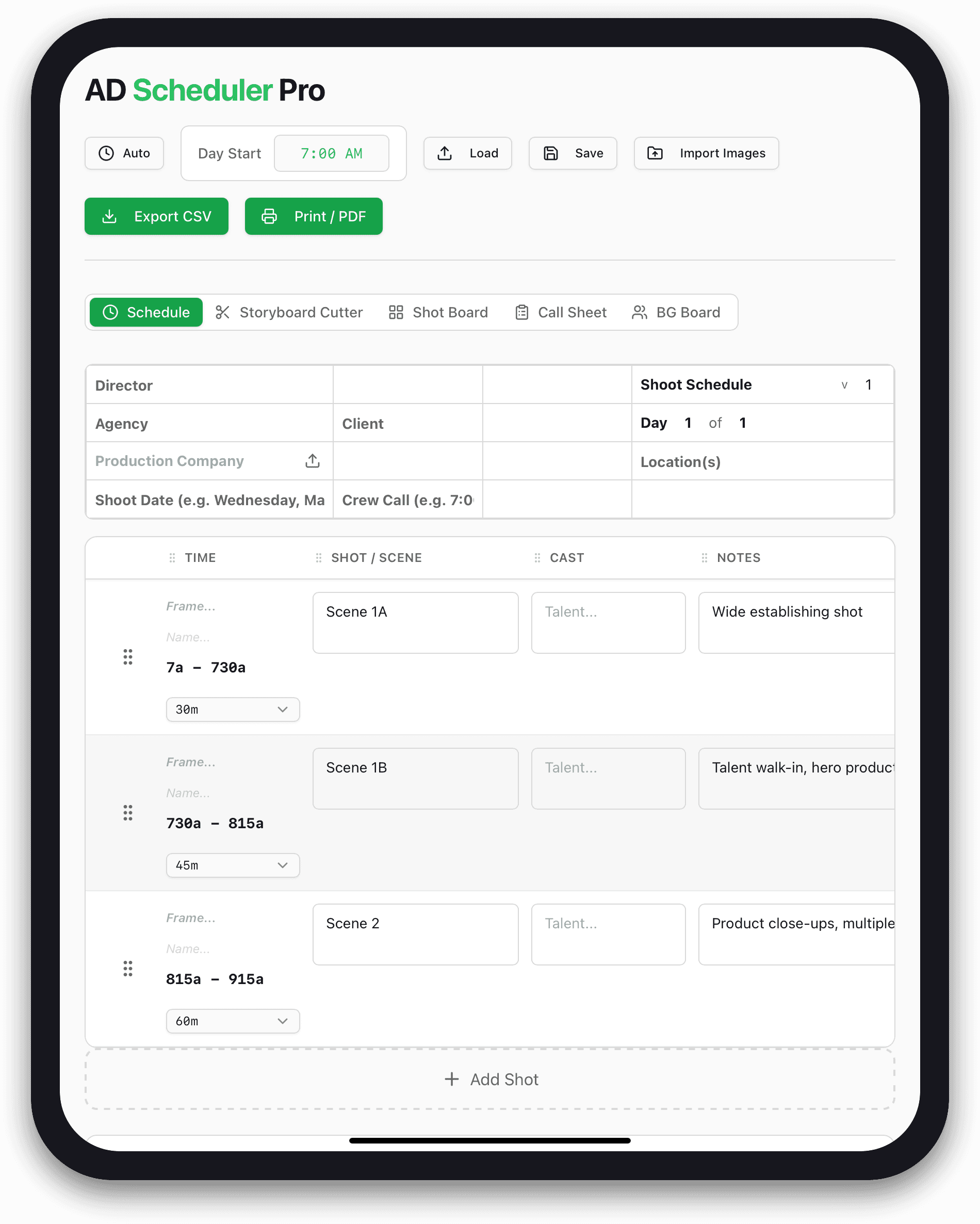 AD Scheduler Pro: Build the day shot by shot, with timing, cast, and notes visible in one working schedule.