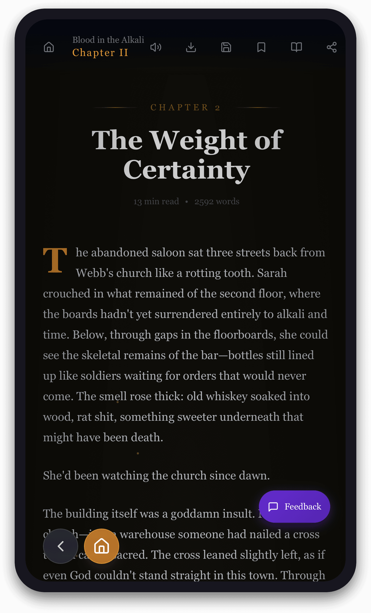 Full novel-style reader — read, listen, download, or share any chapter.