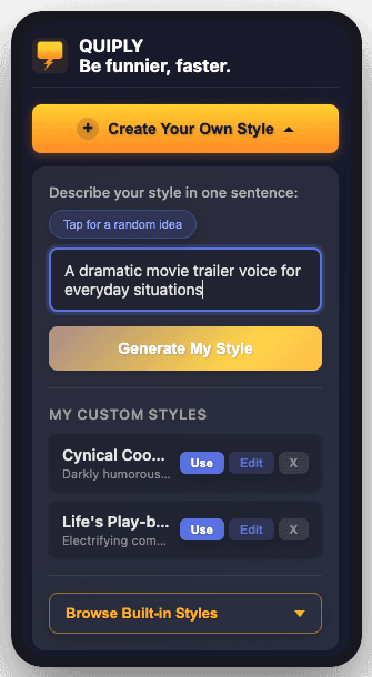 QUIPLY: Quiply's home—pick a personality and it's ready to reply.