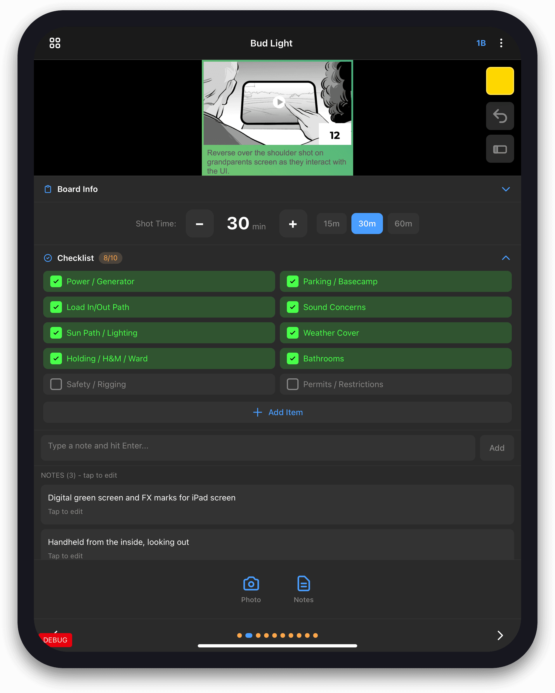 Tech Scout Pro: Keep the board, timing, location checklist, and department notes together for every shot.