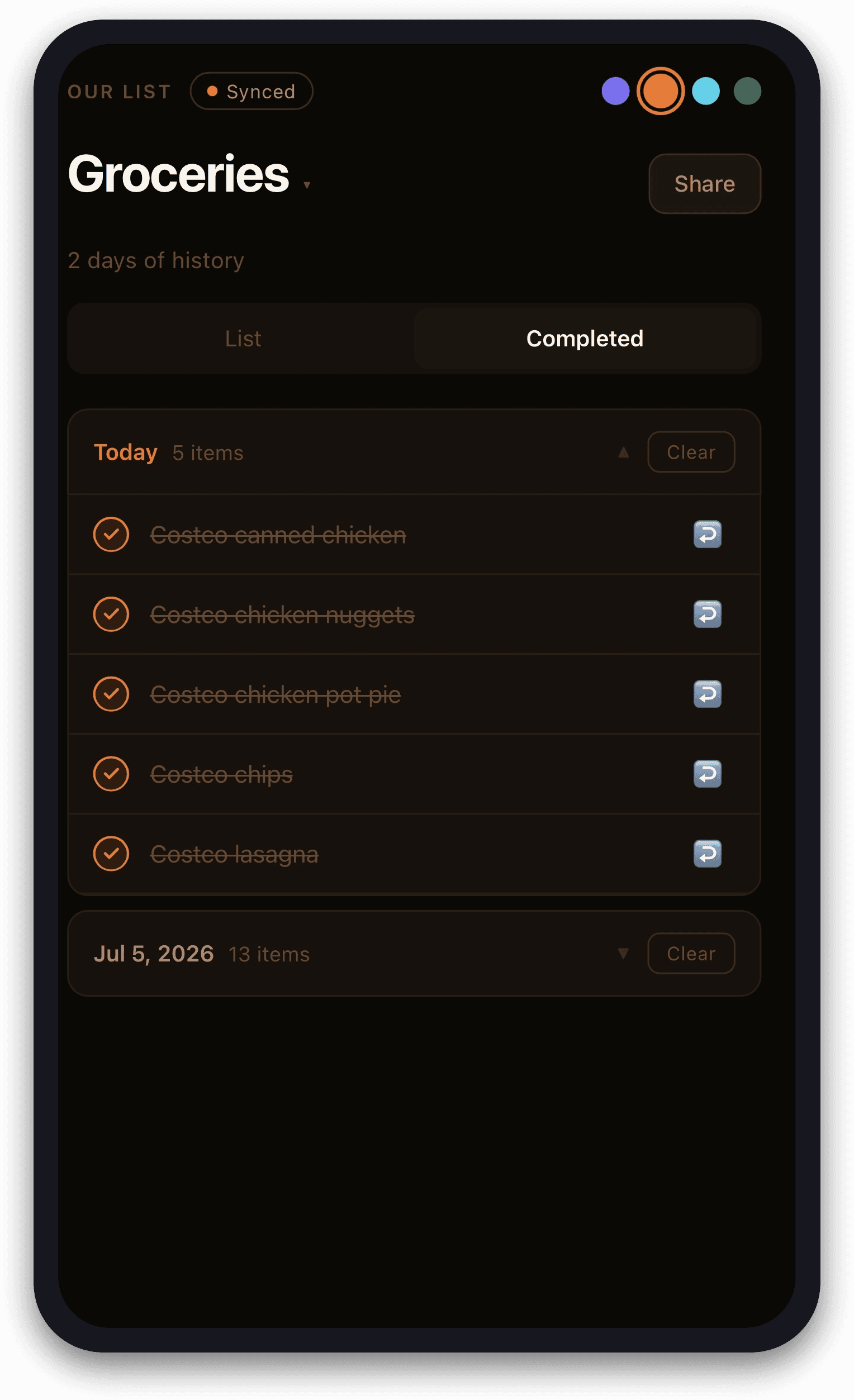 Completed items roll into daily history, so nothing's lost.