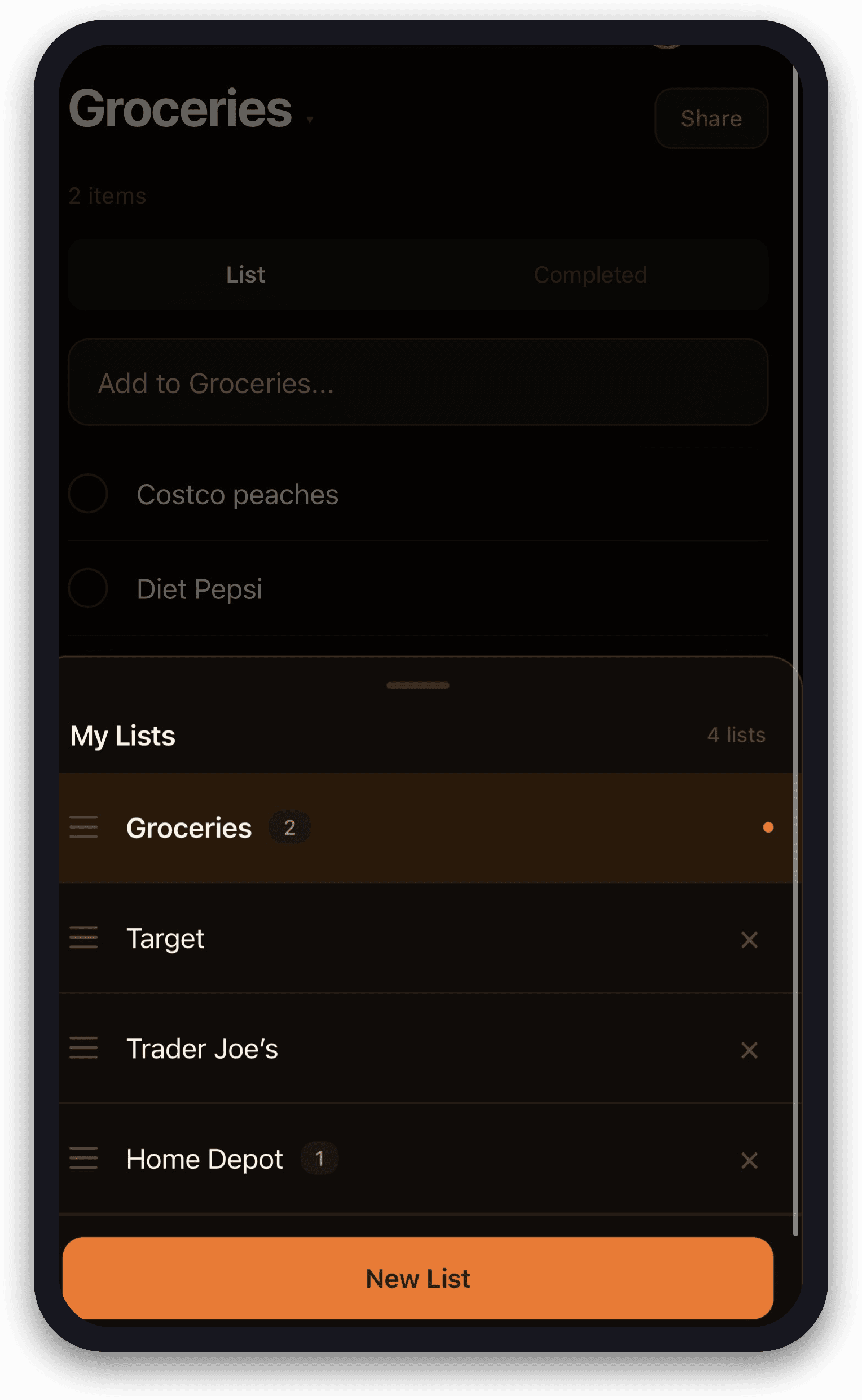 Keep separate lists per store — Costco, Target, Trader Joe's.