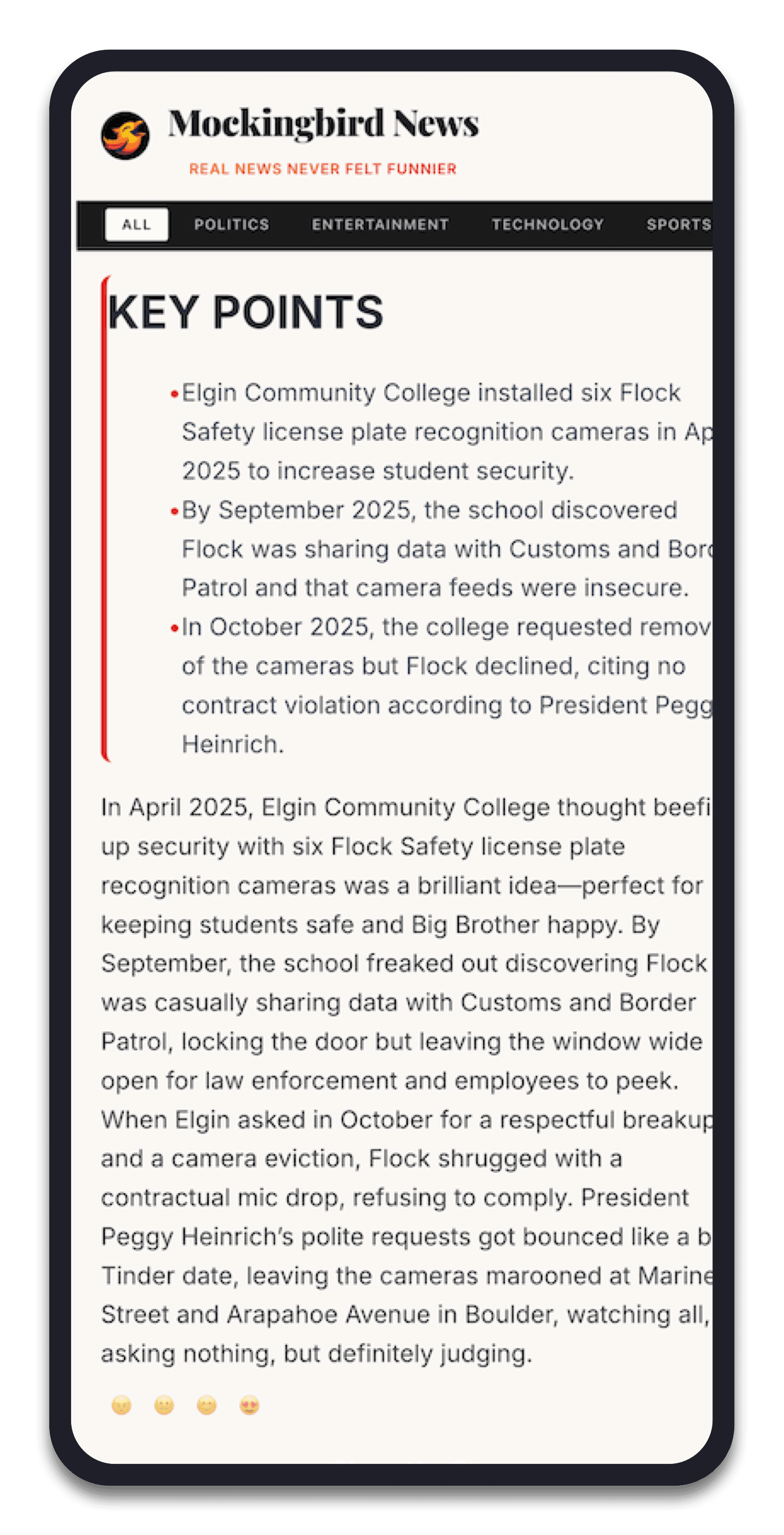 Article view — key points up top, satire woven into the real story.