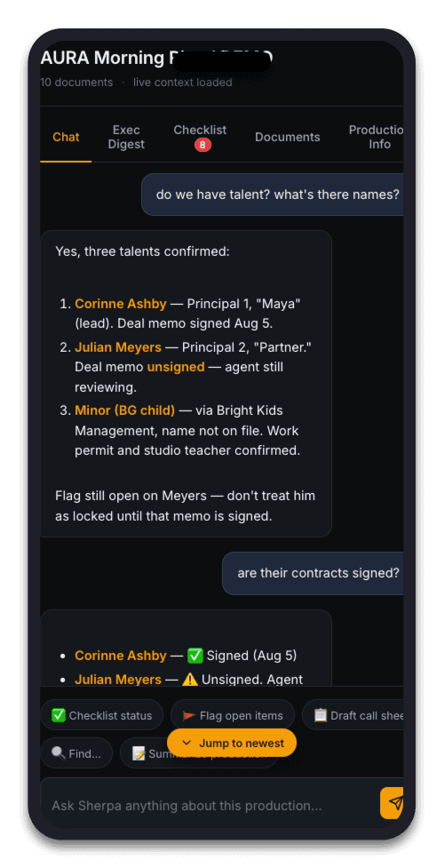 Ask anything about the shoot and get sourced answers—who's confirmed, what's signed, what's still open.