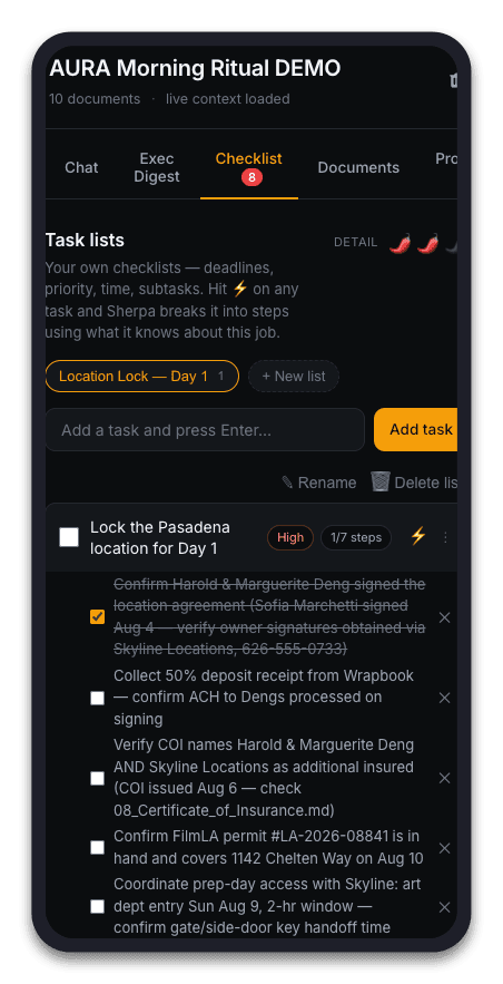 Smart checklists break any task into steps using what Sherpa already knows about the job.
